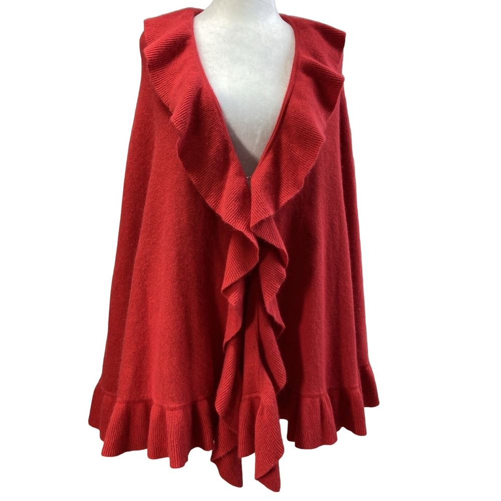 Boston Proper Sweater Cape Womens One Size Red Nylon Angora Ruffle Open Knit